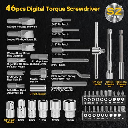 YIYEIE 46-Pc Digital Torque Screwdriver, 3.5-70.8 in-lb, ±1% Precision Electronic Torque Screwdriver Set with Buzzer & LED, 1/4" Inch Pound Torque Driver with S2 Bits for Bike Repair & Scope Mounting - size: 46PCS, style: Digital