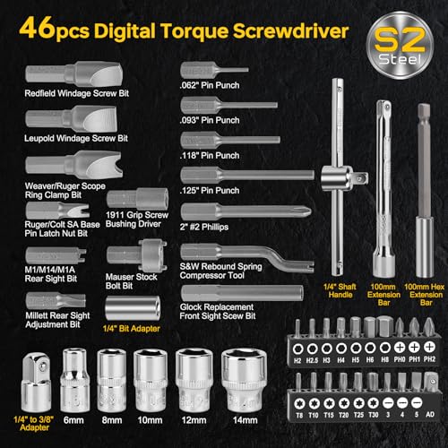 YIYEIE 46-Pc Digital Torque Screwdriver, 3.5-70.8 In-lbs, ±1% Accuracy, 1/4 Inch Pound Torque Screwdriver, Buzzer & LED Alert, with S2 Bits & Tools for Bike Repair, Scope Mounting & Electronics