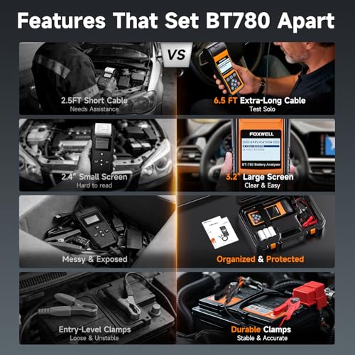 24v/12v/6v Battery Tester with Printer, FOXWELL BT780 Car Battery Load Test | 100-2000CCA Automotive Battery Tester Cranking Charging Alternator Tester for Car Marine Heavy Duty, Built-In Power & Printer
