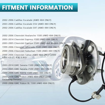 515036 Front Wheel Bearing Hub Assembly for Cadillac Escalade EXT ESV 2002-2006, Chevrolet Express 1500 2500 Suburban Tahoe Silverado 2003-2014, GMC Sierra Savana Yukon 1999-2006 AWD 4WD - size: 515036