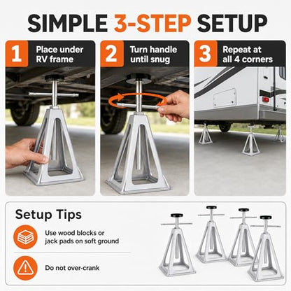 RV Stabilizer Jacks Set of 4, 7500 lbs Each Aluminum RV Stack Jacks, Adjustable 11"–17" Camper Stabilizer Jack Stands with Rubber Pads for Travel Trailers, Campers, Pop-Up Campers & Campsite Use
