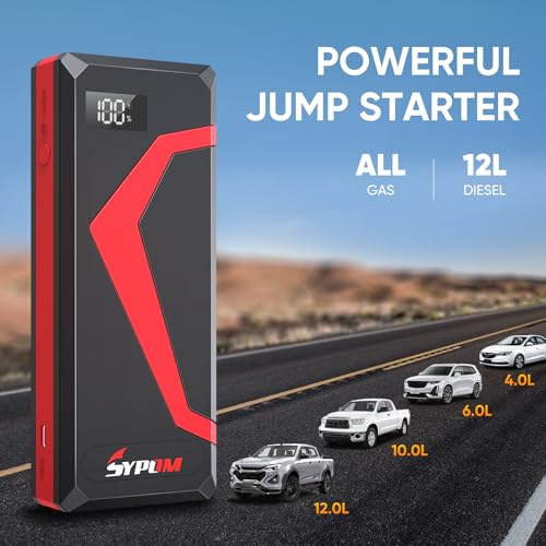Portable Car Jump Starter, 4150A Peak Portable Car Battery Charger, 12V Battery Jump Box for Motorcycle, Truck Up to 12L Diesel, LED Light for Roadside Emergency Kit (Red)