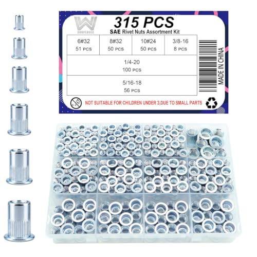 315 Pcs SAE Rivet Nut Kit, 6#32 8#32 10#24 1/4 5/16 3/8 | Zinc-Plated Carbon Steel, 6#32 8#32 10#24 1/4-20 5/16-18 3/8-16 - size: SAE Kit (315 Pcs)