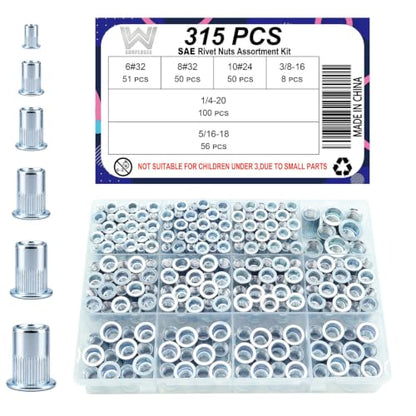 315 Pcs SAE Rivet Nut Kit, 6#32 8#32 10#24 1/4 5/16 3/8 | Zinc-Plated Carbon Steel, 6#32 8#32 10#24 1/4-20 5/16-18 3/8-16 - size: SAE Kit (315 Pcs)