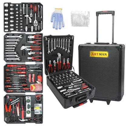 RYH 899pcs All-in-One Professional Tool Set & Rolling Tool Box Set - 4 Drawer Organizer Storage Case - Complete Home, Auto, Mechanic Tool Kit for DIY, Homeowner, Handyman Tool Set (Black) - color: 899pcs+Black