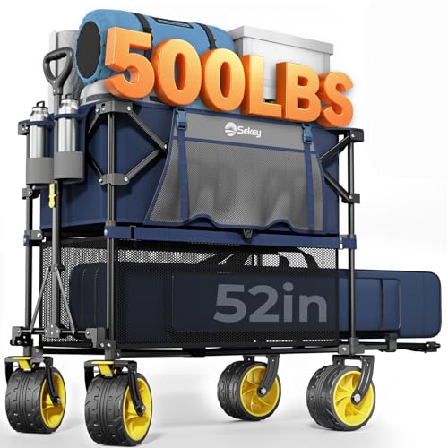 Sekey 500LBS Heavy Duty Double Decker Wagon with Extender, 400L Large Capacity Collapsible Garden Cart Fits 10x10 Canopy, All-Terrain Big Wheels with Brakes, Foldable Utility Wagon for Sports, Camping - color: Navy Blue