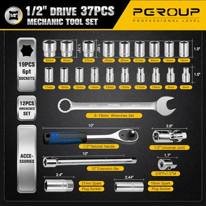 1/2 Inch Drive Metric Socket Set 8-32mm & Combination Wrench Set 8-19mm, 37pcs Mechanic Tool Set for Auto and Bike Repair - color: Silver-37pcs