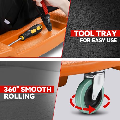 Auto Dynasty 47 Inches Mechanic Creeper, Automotive Garage Repair Low Profile Under Car Rolling Creeper with Padded Headrest, Plastic, Orange - color: Orange