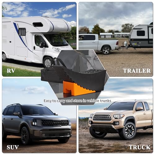 Raised Tire Change Ramp,Large RV Camper Levelers with 6" Lift, Dual Axle Tandem Wheel AidCurved Design for Tire Change of RV/Camper/Travel Trailer with Chocks, Anti-Slip Mats, Carrying Bag,(1 Pack)