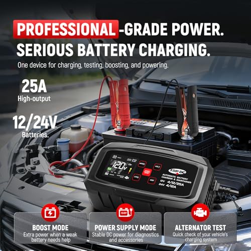 TOPDC 25A 12V/24V Smart Battery Charger,Maintainer, Desulfator & Power Supply with Overcharge Protection & Thermal Compensation for Car, Motorcycle, Lawn,RV, ATV Lead-Acid & Lithium Batteries - size: 25A