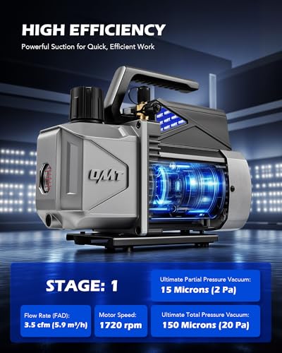 Orion Motor Tech A2L AC Vacuum Pump and Gauge Set, for R1234yf R32 R134a R410A Systems with 3.5 cfm Sparkless Ignition Proof Vacuum Pump, 3 Way AC Gauges Quick Couplers Can Taps Hoses Thermometer - size: 3.5 CFM A2L&R1234yf R32 R134a R410A