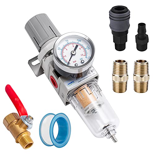 NANPU 1/4" NPT Air Compressor Filter, Regulator Combo w/Gauge, Ball Valve | 5-micron brass element, water/oil separator, poly bowl, semi-auto drain, ball valve, 20 SCFM—for airbrush & air tools - size: 1/4" NPT w/ Ball Valve, style: Semi-Auto Drain