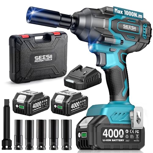 Seesii 1000N.m (738ft-lbs) Cordless Impact Wrench High Torque,1/2" Brushless Impact Gun w/Two 4.0Ah Battery,Fast Charger, 5 Sockets & Storage Case, Electric Impact Wrench for Car Truck,WH760 - color: 738 Ft-lbs / 2x4.0ah Battery