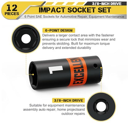 12 Pieces 3/8-Inch Drive Impact Socket Set, 5/16" to 1" Deep Socket, 6 Point SAE Sockets for Automotive Repair, Equipment Maintenance - size: 3/8 Inch SAE Deep
