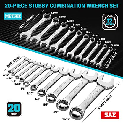 DURATECH 52-Piece Combination Wrench Set, 32 PCS Combo & 20 PCS Stubby, SAE & Metric, CR-V Steel, with Rolling Pouch - size: 52-Piece
