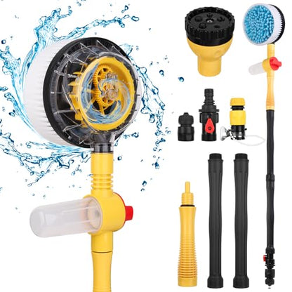 Rotating Car Wash Brush with Hose Attachment, Car Wash Brush with Long Handle & Soap Dispenser, Water-Powered 360° Spin Wash Brush Kit with Spray Gun & 5-Pattern Nozzle for Cars, RVs, Trucks