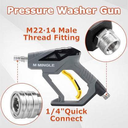M MINGLE Pressure Washer Gun with Mini Undiluted Foam Cannon, 1/4" QC | Dual Connector Accessory, Undiluted Foam Blaster with 5 Nozzle Tips, M22 Adapter, Ideal for Car Wash, Patio & Deck Cleaning