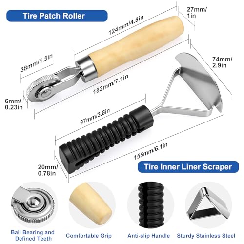 Linkstyle 67PCS Tire Repair Kit Heavy Duty, 32/42/58mm Tire Patch Kit, Flat Tire Repair Tools with Buffing Wheel, Roller and Scraper, for Car Motorcycle Bike