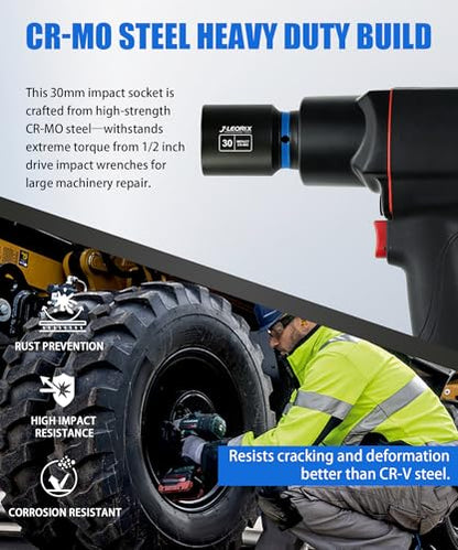 30mm Deep Impact Socket 1/2" Drive CR-MO Steel 6-Point | CR-MO steel impact socket set. 1/2" drive, 6-point design. Deep reach for lug nuts & axle nuts. - size: 30mm