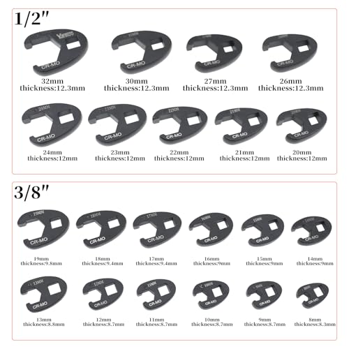 21Pcs Crows Foot Wrench Set 1/2" and 3/8" Drive Flare Nut Crowfoot Set | Metric 8-32mm 6 Point Crows Feet Wrenches, Flare Nut Wrench Kit for Removing Nuts from Hard-to-Reach Areas