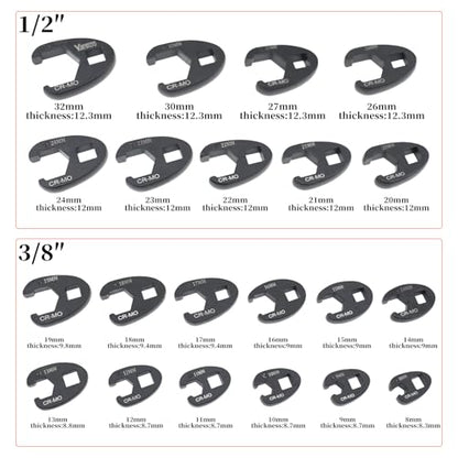 21Pcs Crows Foot Wrench Set 1/2" and 3/8" Drive Flare Nut Crowfoot Set | Metric 8-32mm 6 Point Crows Feet Wrenches, Flare Nut Wrench Kit for Removing Nuts from Hard-to-Reach Areas