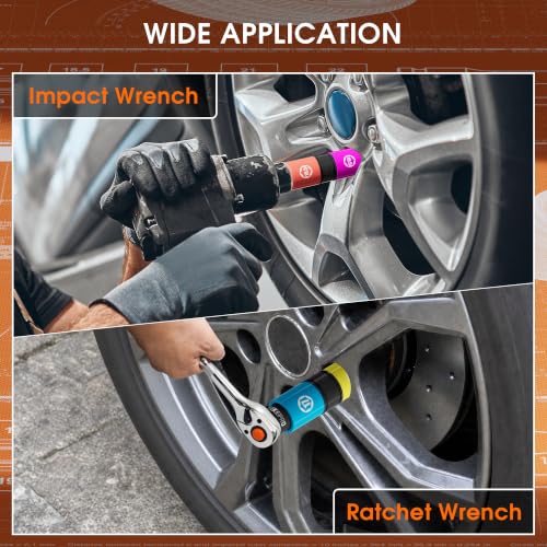 7PCS Half Size Lug Nut Flip Socket Set, 1/2" Drive Impact Sockets | Thin Wall Impact Deep Socket Kit 17/17.5-22/22.5mm, for Swollen & Damaged Lug Nuts, Metric, CR-MO Steel