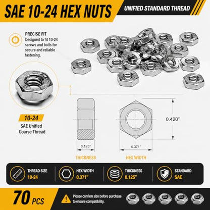 70Pcs SAE 10-24 Hex Nuts, 304 Stainless Steel Hardware Nuts, Full Thread Hex Drive, for Electronics, Small Machinery, Furniture Assembly - size: 10-24 (70 pcs)