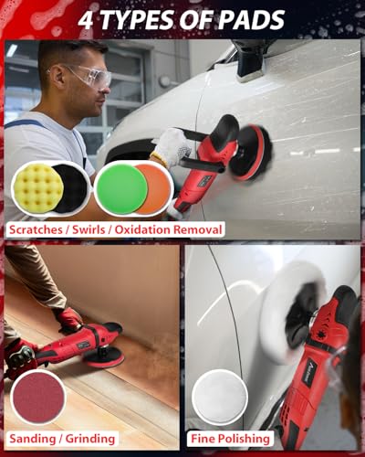 AVID POWER Car Buffer Polisher, 6 Variable Speed 1000-3500 RPM, Rotary Buffer Waxer Kit with 6-inch and 7-Inch Backing Plate, 1200W Car Polisher for Car Detailing, Polishing, Waxing - color: Dark Red
