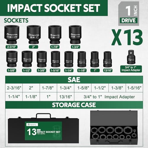 1 Inch Drive Impact Socket Set, SAE, 1”- 2-3/16”, CR-MO for Truck | 6 Point,13pcs Large Socket Set, Jumbo Impact Socket Kit with 3/4"F x 1"M Adapter & 13/16"Socket, for Heavty Equipment Repair - size: 13 PCS