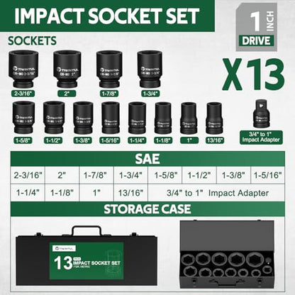 1 Inch Drive Impact Socket Set, SAE, 1”- 2-3/16”, CR-MO for Truck | 6 Point,13pcs Large Socket Set, Jumbo Impact Socket Kit with 3/4"F x 1"M Adapter & 13/16"Socket, for Heavty Equipment Repair - size: 13 PCS