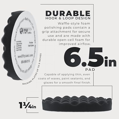 TCP Global 6.5" Black Waffle Foam Buffing Pad Hook and Loop Backing - Final Finishing Pad for Polishing, Automotive, Marine, Truck, RV & Compound Cutting, Car Polishing Pads