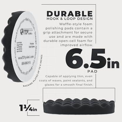 TCP Global 6.5" Black Waffle Foam Buffing Pad Hook and Loop Backing - Final Finishing Pad for Polishing, Automotive, Marine, Truck, RV & Compound Cutting, Car Polishing Pads