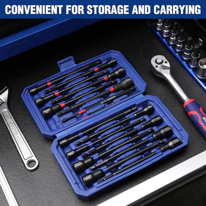 WORKPRO 16-Piece Magnetic Nut Driver Set and Bit, 6" Long Nut Drivers, Metric & SAE Nut Drivers for Impact Drill, Long Shank Nut Driver Bits, 1/4"Hex Shank, Long Power Bits, PH2, with Sturdy Tool Box - size: 16PCS Magnetic Long Nut Driver Set