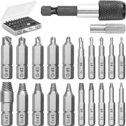 Screw Extractor Set for Stripped, Broken, Damaged Screws - 22 pc, Silver - Remover Kit w/Drill Bits, Extractors, Bit Extension & Socket Adapter - color: Silver