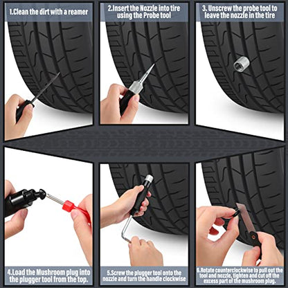 Landhoow 19 Pcs Tire Repair Kit Mushroom Plug Set, Heavy Duty Tubeless Tire Puncture Repair Tool Kit for Cars, Trucks, Motorcycles & ATV, Emergency Roadside Flat Fix Set with Portable Storage Pouch