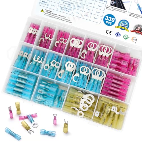 TICONN 330Pcs Heat Shrink Wire Connectors, Waterproof Automotive Marine Electrical Terminals Kit, Crimp Connector Assortment, Ring Fork Spade Butt Splices - style: 330PCS Combo
