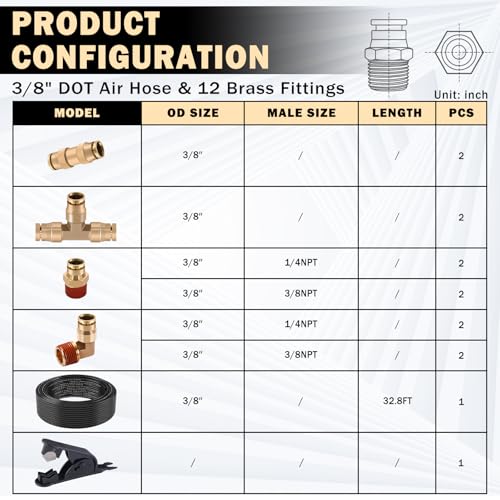 CheeMuii 3/8 Brass DOT Air Fittings With 32.8FT 3/8" DOT Air Line Kit Quick Connect DOT Air Line Fittings and PA12 Pneumatic Tubing for Semi Truck Trailer or Industrial Air System - size: 3/8Inch-15Pcs