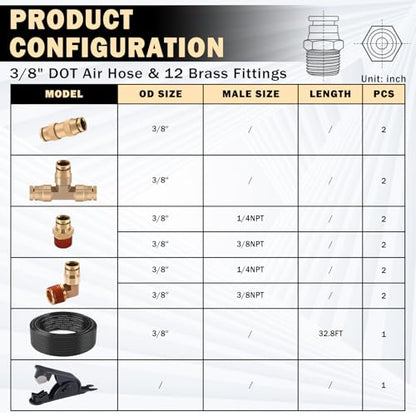 CheeMuii 3/8 Brass DOT Air Fittings With 32.8FT 3/8" DOT Air Line Kit Quick Connect DOT Air Line Fittings and PA12 Pneumatic Tubing for Semi Truck Trailer or Industrial Air System - size: 3/8Inch-15Pcs