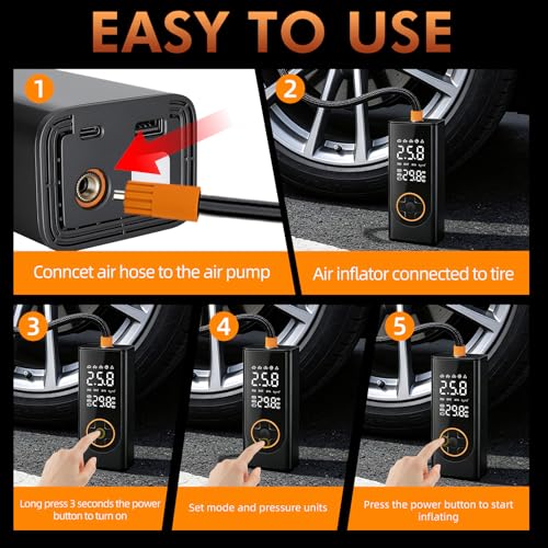 Eleanora Cordless Tyre Inflator air Compressor, Car Tire Pump 6000 mAh 150PSI 12V DC Electric Tyre Pump with LED Lights, Electric Air Pump for Vehicle Tyres/Bike/Motorbike/Ball/Inflatables