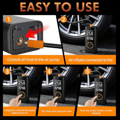 Eleanora Cordless Tyre Inflator air Compressor, Car Tire Pump 6000 mAh 150PSI 12V DC Electric Tyre Pump with LED Lights, Electric Air Pump for Vehicle Tyres/Bike/Motorbike/Ball/Inflatables