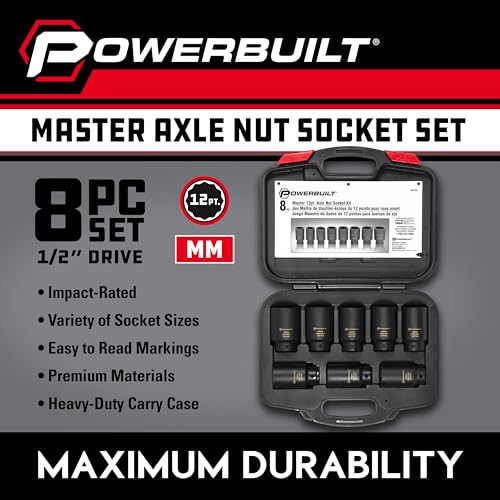 Powerbuilt 8 Piece 1/2-in. Drive Impact Rated Metric Axle Nut Socket Set 12 Point, 29mm-39mm, Heavy Duty Storage Case - 647752 - style: Axle Nut