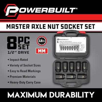 Powerbuilt 8 Piece 1/2-in. Drive Impact Rated Metric Axle Nut Socket Set 12 Point, 29mm-39mm, Heavy Duty Storage Case - 647752 - style: Axle Nut