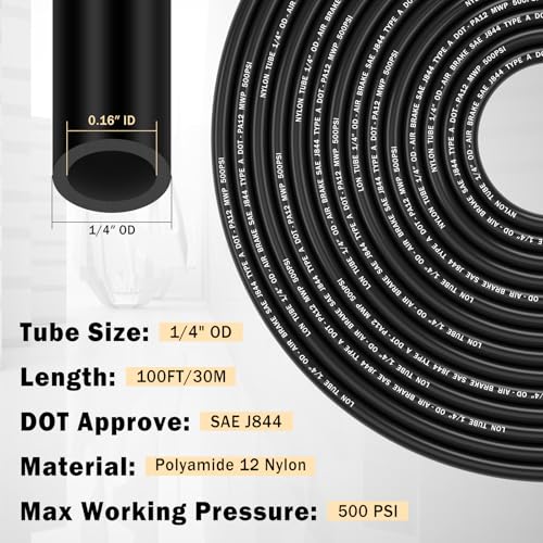 CheeMuii 100 FT 1/4" DOT Air Line with 34 Pcs Brass DOT Air Line Fittings Kit 30.5 Meter 1/4 Black Air Lines Service Kit with Push Lock Air Fitting Air Coupler & Plug Kit - color: black & gold, size: 1/4"100ft-37pcs