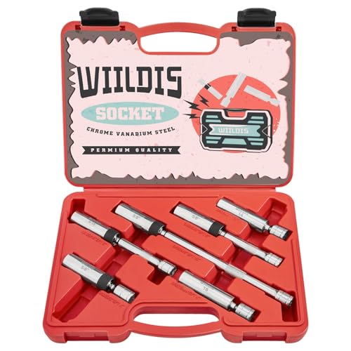 WIILDIS 6 PCS 3/8" Drive Magnetic Swivel Spark Plug Socket Set,Include 9/16-Inch, 5/8-Inch, 14mm, 16mm Socket & 3/8-inch Drive with 6-Point and 12-Point, CR-V - size: 6 PCS