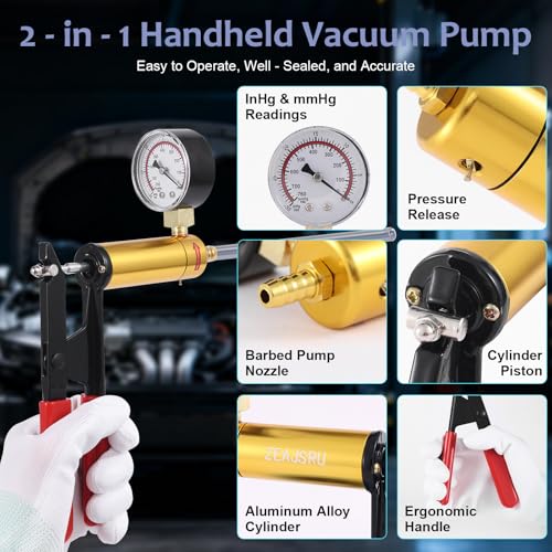 Handheld Vacuum Pump Brake Bleeder Kit with Pressure Gauge, Brake Fluid Bleeding Tool Set with Hoses, Adapters and Reservoir, Automotive Brake Bleeding & Vacuum Diagnostic Test Kit (-Blue-)