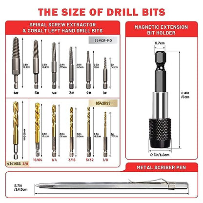 14PCS Spiral Screw Extractor Set with Tungsten Carbide Tip Scriber Pen - 6542/4341 HSS Steel Cobalt Left Hand Drill Bits Set - 1/4'' Adapter - Removing Stripped Screws Bolts - size: 14Pcs