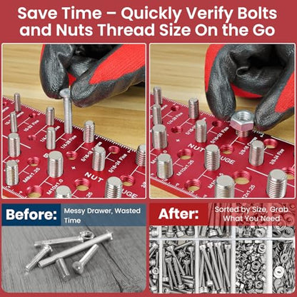 Thread Checker, Rustproof Nut and Bolt Thread Checker, Wall-Mountable Bolt Size Finder Tool, 30 SAE & 30 Metric Thread Gauge, Bolt and Nut Sizer for Quick Measurement - size: 30 Thread Checker