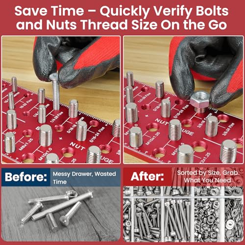 Thread Checker, Rustproof Nut and Bolt Thread Checker, Wall-Mountable Bolt Size Finder Tool, 30 SAE & 30 Metric Thread Gauge, Bolt and Nut Sizer for Quick Measurement - size: 30 Thread Checker