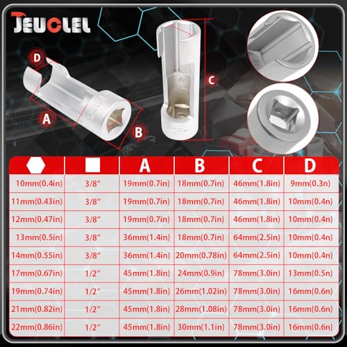 9PCS 10-22mm 3/8" 1/2" Diesel Injector Fuel Line Socket Wrench Set | Flare Nut Socket, Fastener Bent Pipes, Wired Temperature Sensors, EGT Sensor, Thermo Switches, ABS Tubes, Strut Nut Extractor