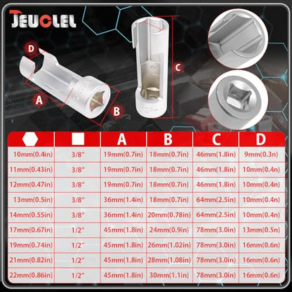 9PCS 10-22mm 3/8" 1/2" Diesel Injector Fuel Line Socket Wrench Set | Flare Nut Socket, Fastener Bent Pipes, Wired Temperature Sensors, EGT Sensor, Thermo Switches, ABS Tubes, Strut Nut Extractor